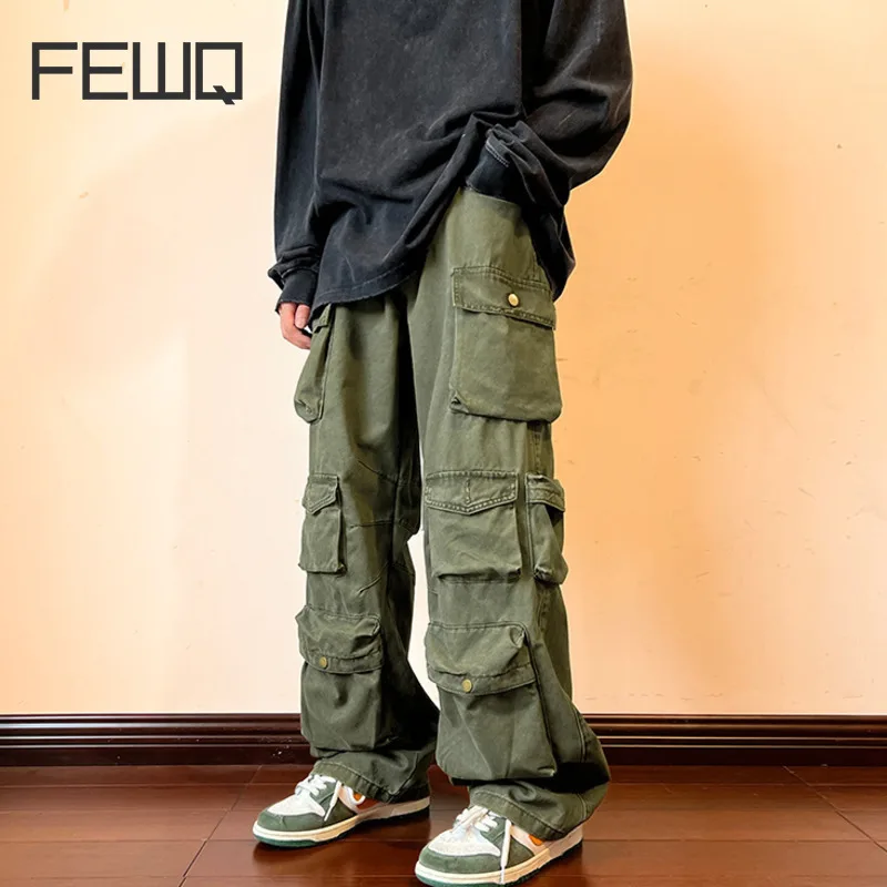 FEWQ Y2k Men's Cargo Pants Multi Pocket Male Hiphop Overalls High Street Safari Style Trousers 2023 Summer New Streetwear 24A562