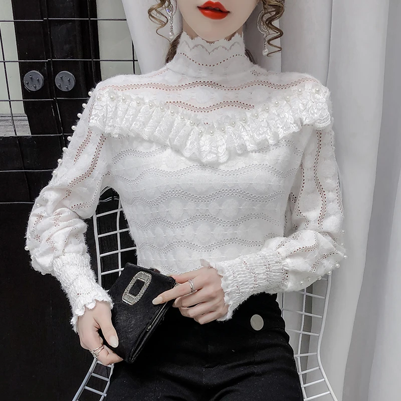 Brushed Fabric Pearl Beaded Tops Winter Warm Women Ruffles Blouse Shirts High Neck Lace Crochet Stretch Elegant Korean Fashion