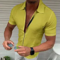 Chemise légère à manches courtes pour hommes, bureau d'affaires décontracté, fermeture éclair, coupe cintrée, couleur unie, Cardigan à revers, hauts à la mode 5