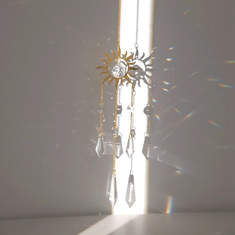 Crystal SunCatcher Prisms Hanging Sun Rainbow Light Catcher Chain Window Drop Wind Chimes Bell Garden Wedding Home Charm Decor