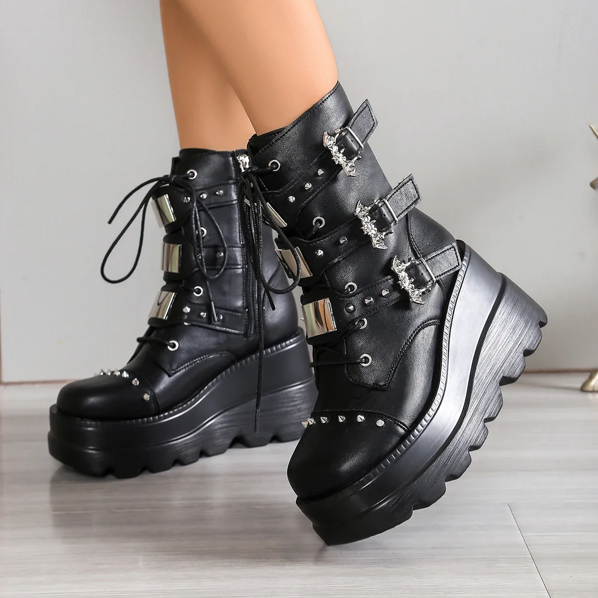 Women's Goth Platform Motorcycle Boots Punk Rivet Buckle Strap Combat Booties for Women Thick Bottom Wedge Heels Mid Calf Shoes