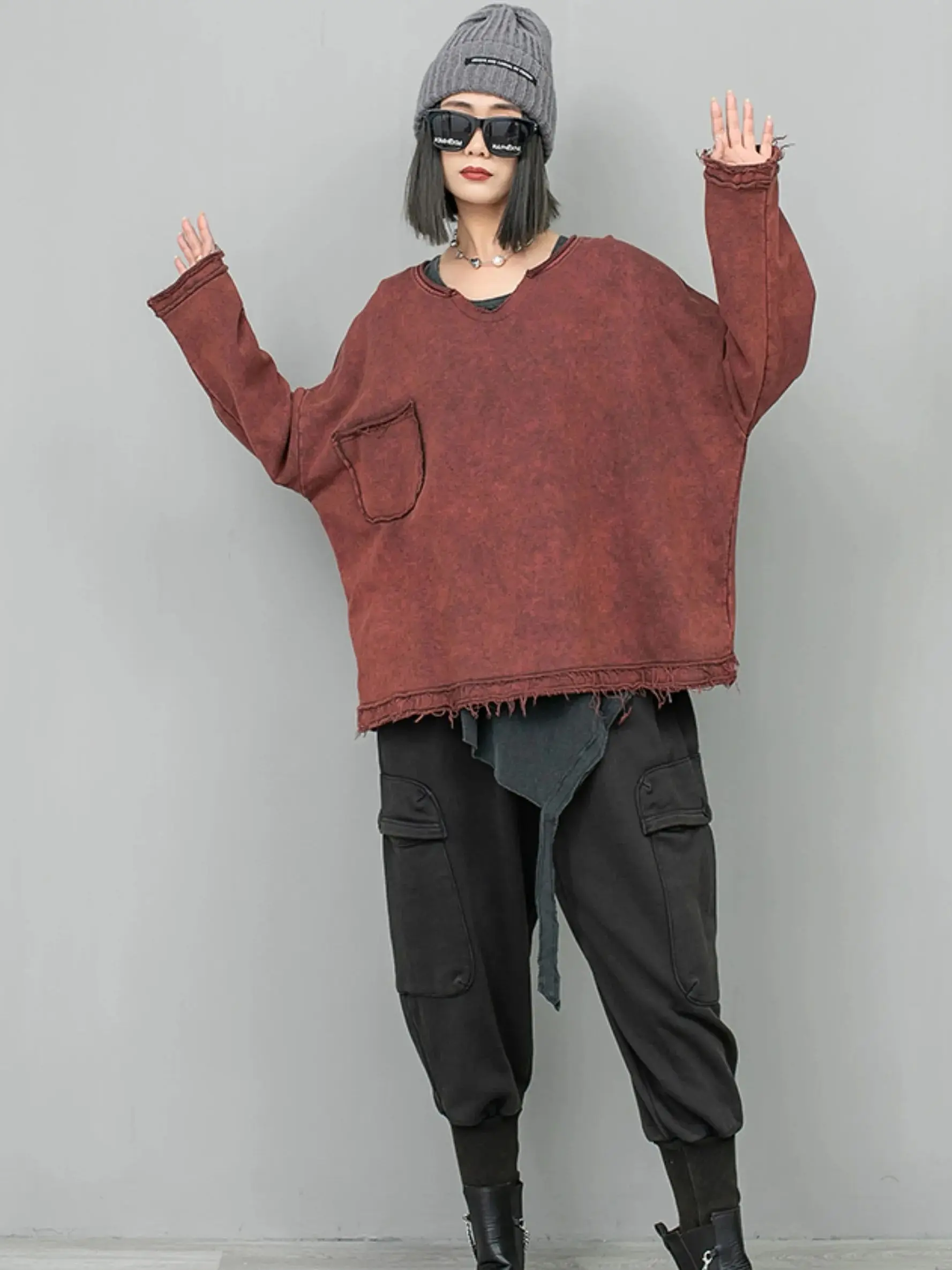 

Женский утепленный ретро-костюм, толстовка с длинными рукавами, V-образным вырезом и меховыми краями, брюки-султанки с большими карманами, модный уличный комплект