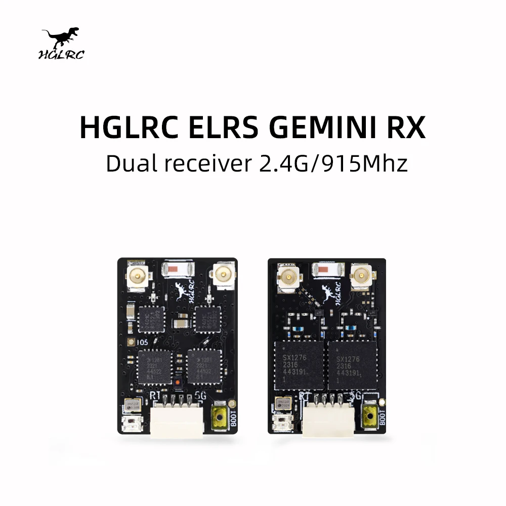 Détail des ports et antennes du récepteur HGLRC ELRS GEMINI RX double bande pour radiocommande.