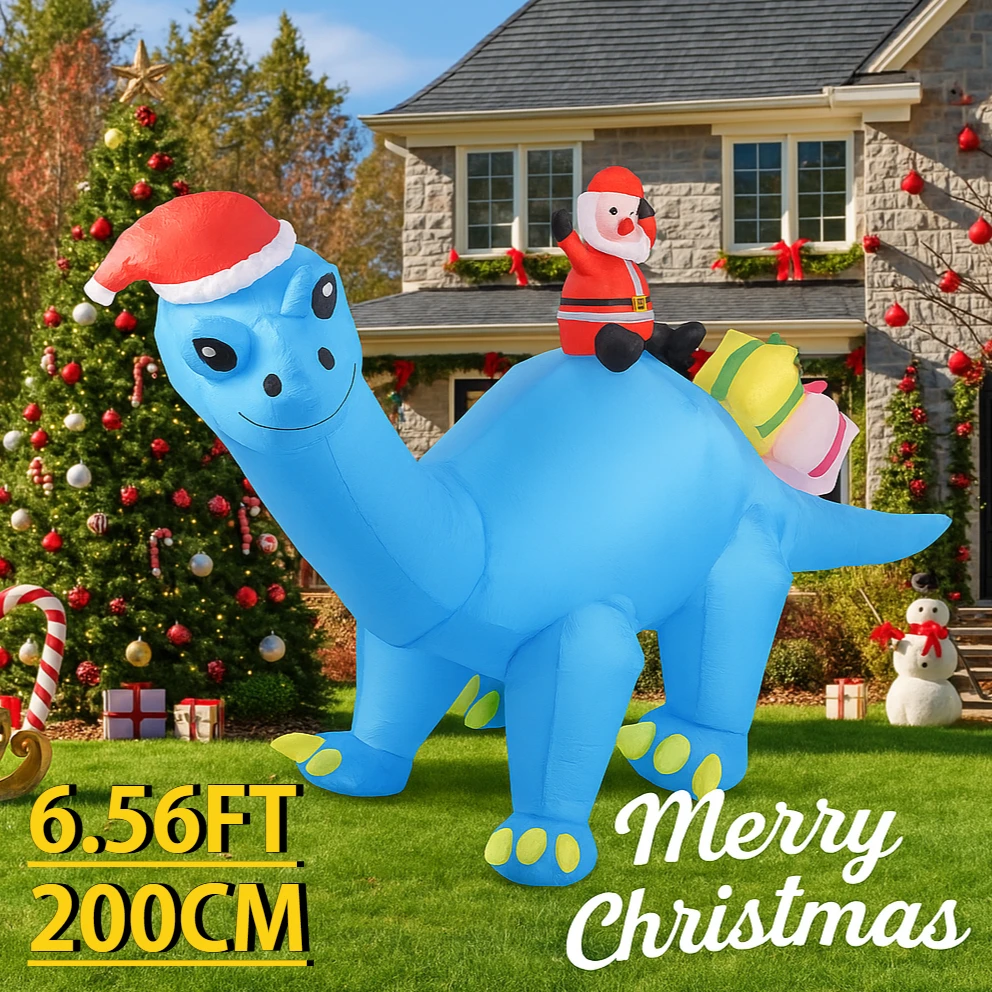 6.56FT Inflatable Blue Dinosaur Santa Toy With LED Light Festive  Gifts Xmas Yard Lawn Party DecorationsOutdoor Porch Decor