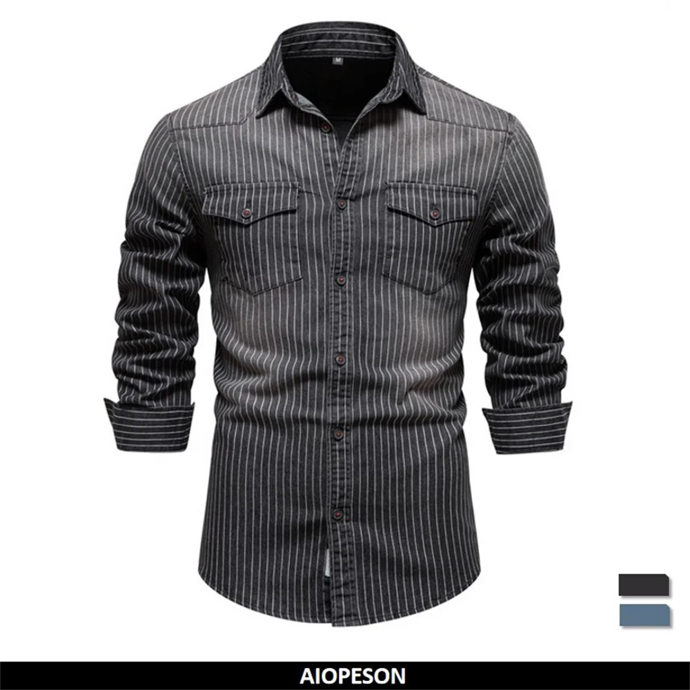 Men Denim Shirts Striped Stretch Long Sleeve Casual Slim Cowboy AIOPESON denim shirt long sleeved shirt