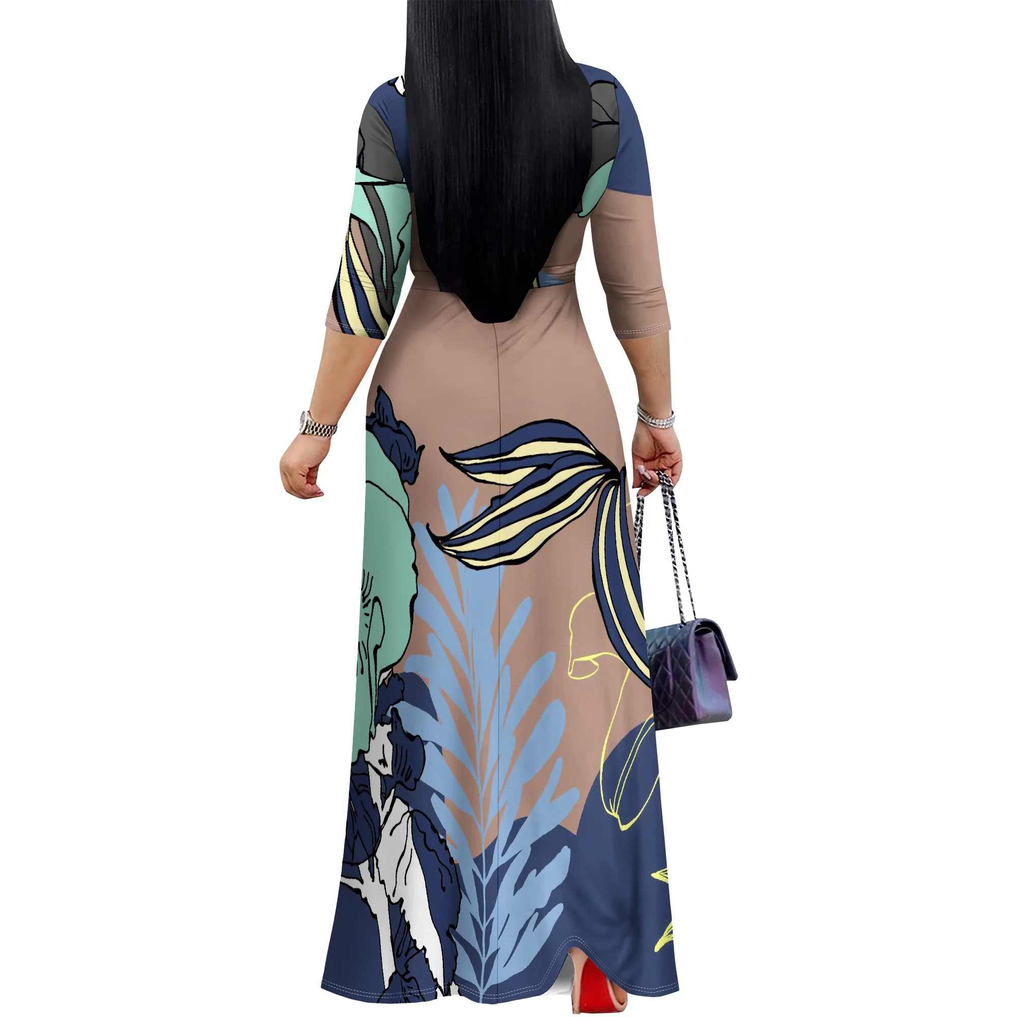 Damen Kurzarm Sexy V-Ausschnitt Lose Boho Langes Kleid Mode Bedruckt Split Saum Club Party Casual Urlaub Maxikleid – Detail 5