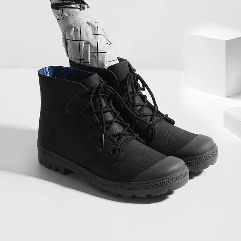 Bottes de pluie pêche hiver homme lacets cheville - Chaussures camping imperméables non-dérapantes extérieur