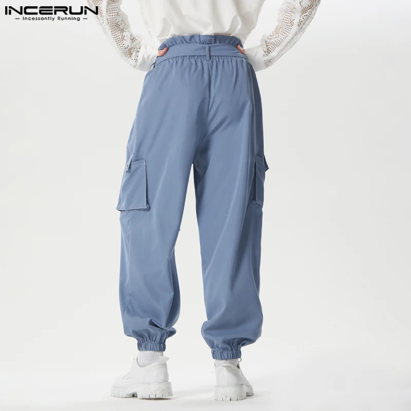 INCERUN 남성 카고 바지 솔리드 조깅 신축성있는 허리 바지 남성 벨트 streetwear 느슨한 2024 패션 캐주얼 Pantalon S-5XL