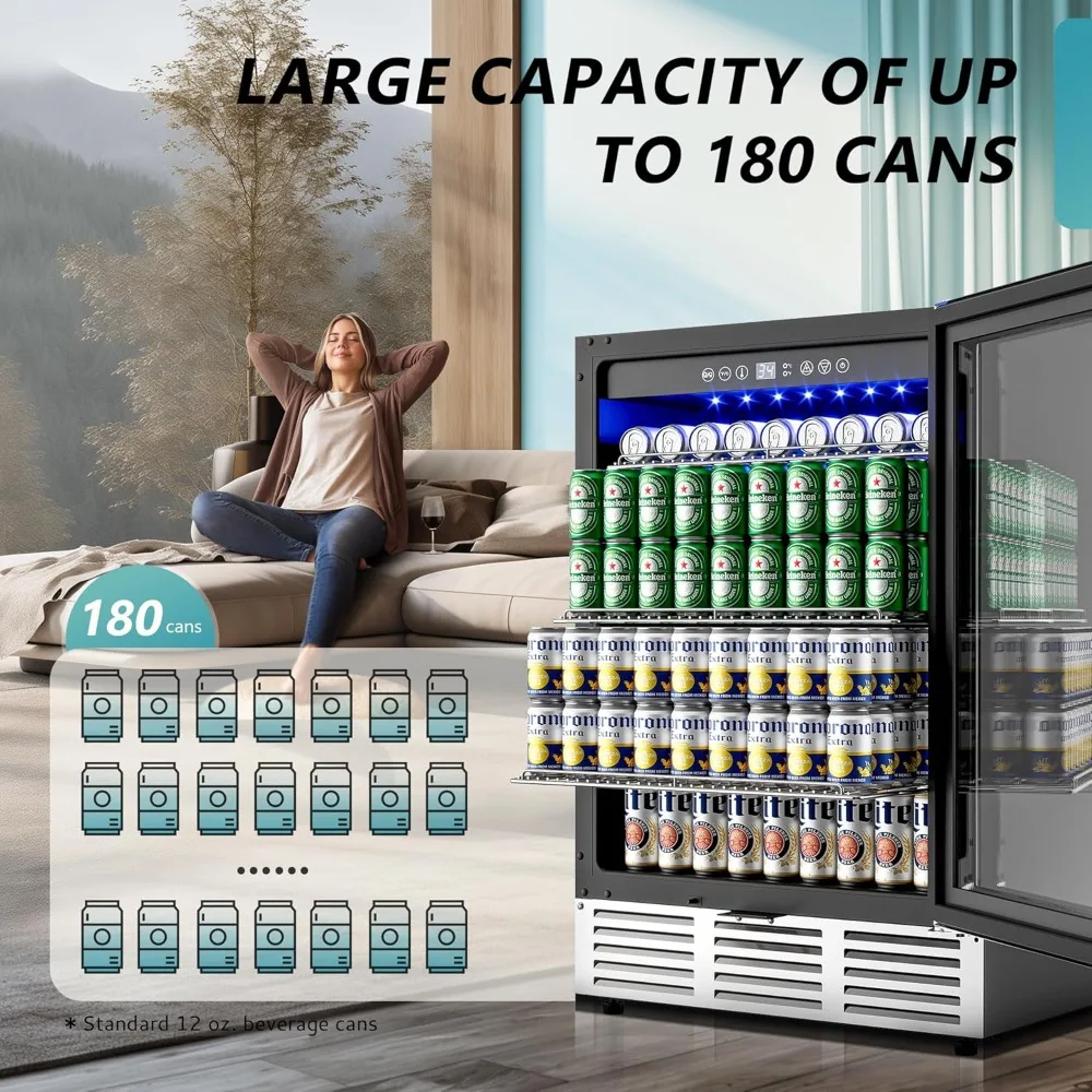 Beverage Refrigerator, 180 Can Built-in Beverage Cooler, Under Counter Beer Fridge with Glass Door for Soda, Water 2