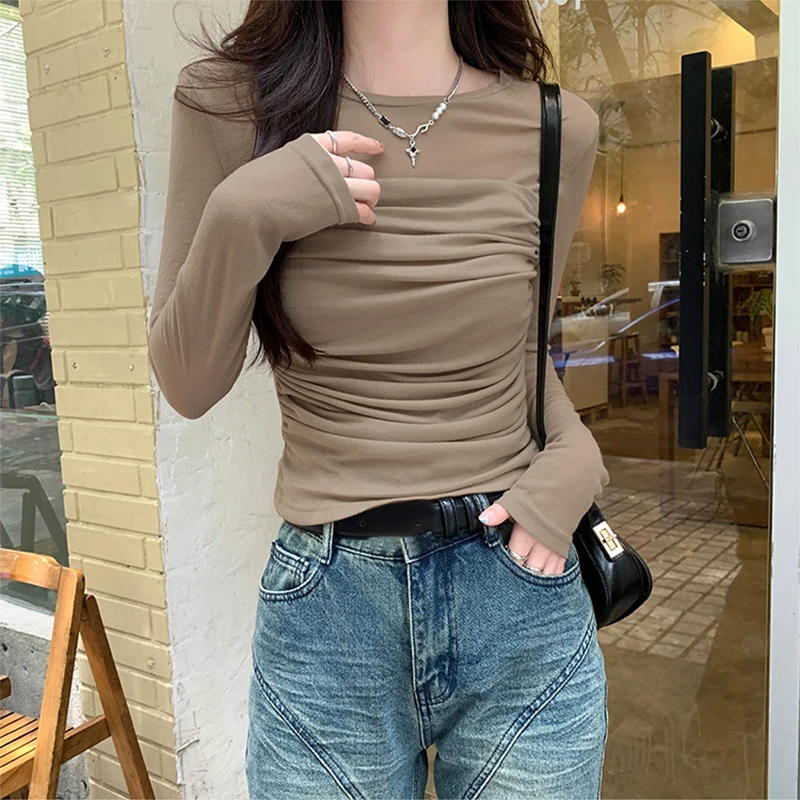 

Women's Early Spring Mesh Long-sleeved Shirt Fashion Sun Protection Slim Pleated Ladies Top Elastic Tight Round Neck Short Top