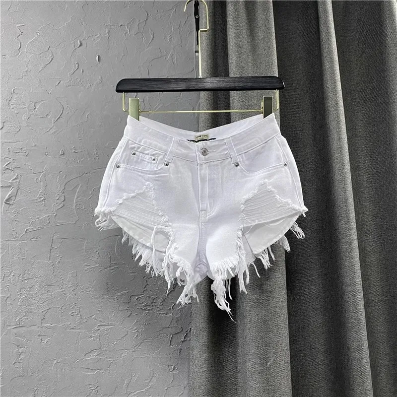 

Fashion Low Waist Denim Shorts New Summer Women's Raw Edges Holes White Jean European Style A-line Hot Mini Pants Trend Q152