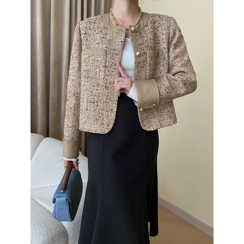 French Casual Loose Contrast Women Coat Tweed O Neck Simple Basic Office Daily Elegant Khaki Fashion Short Jacket Autumn Winter