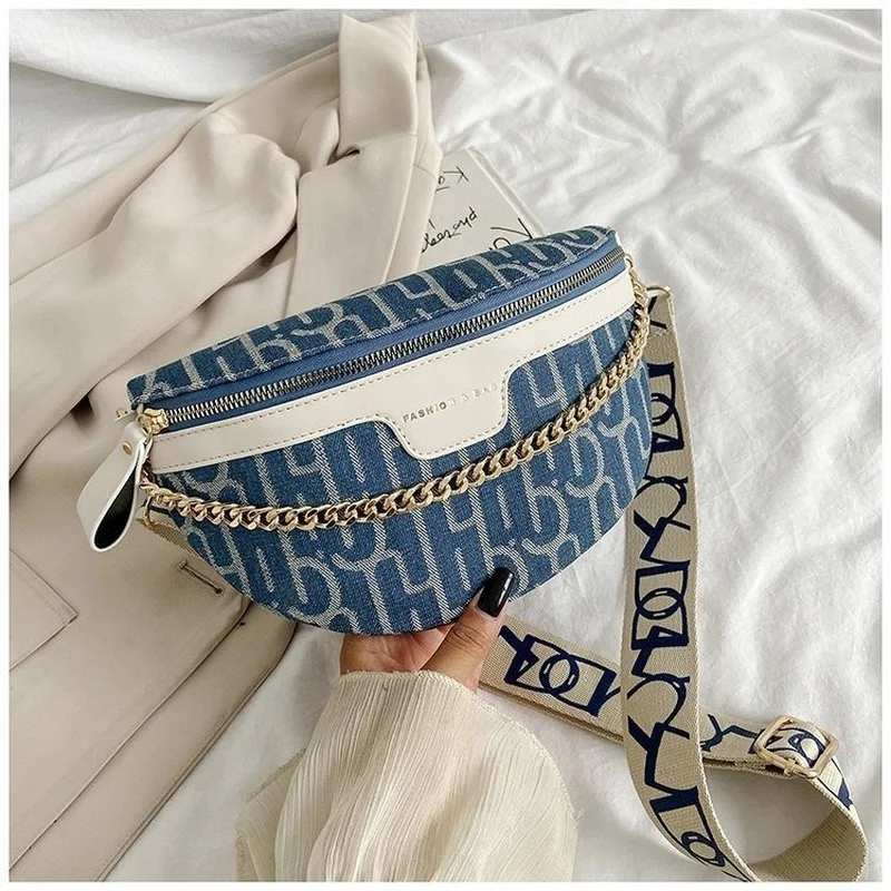 Luxury Grid Stripe Fanny Pack For Women 2022 Thick Chain Shoulder Crossbody Waist Bags Brand Designer