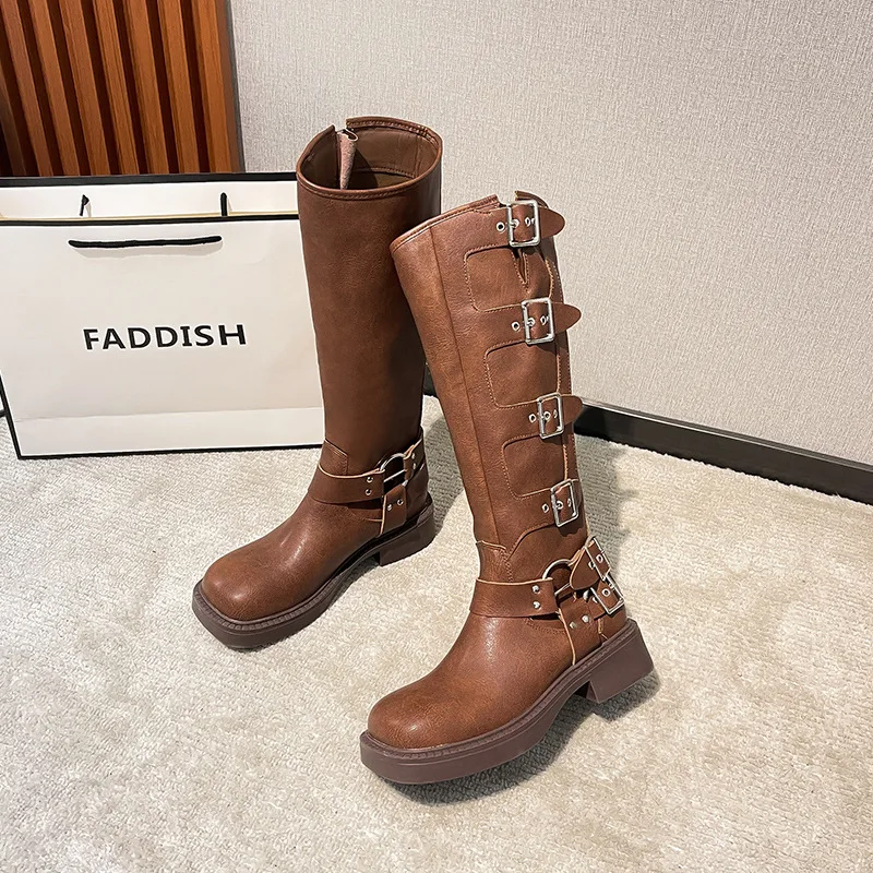 Cow Leather Women Boots Buckle Strap Middle Boots Europe Flat Heel Boots