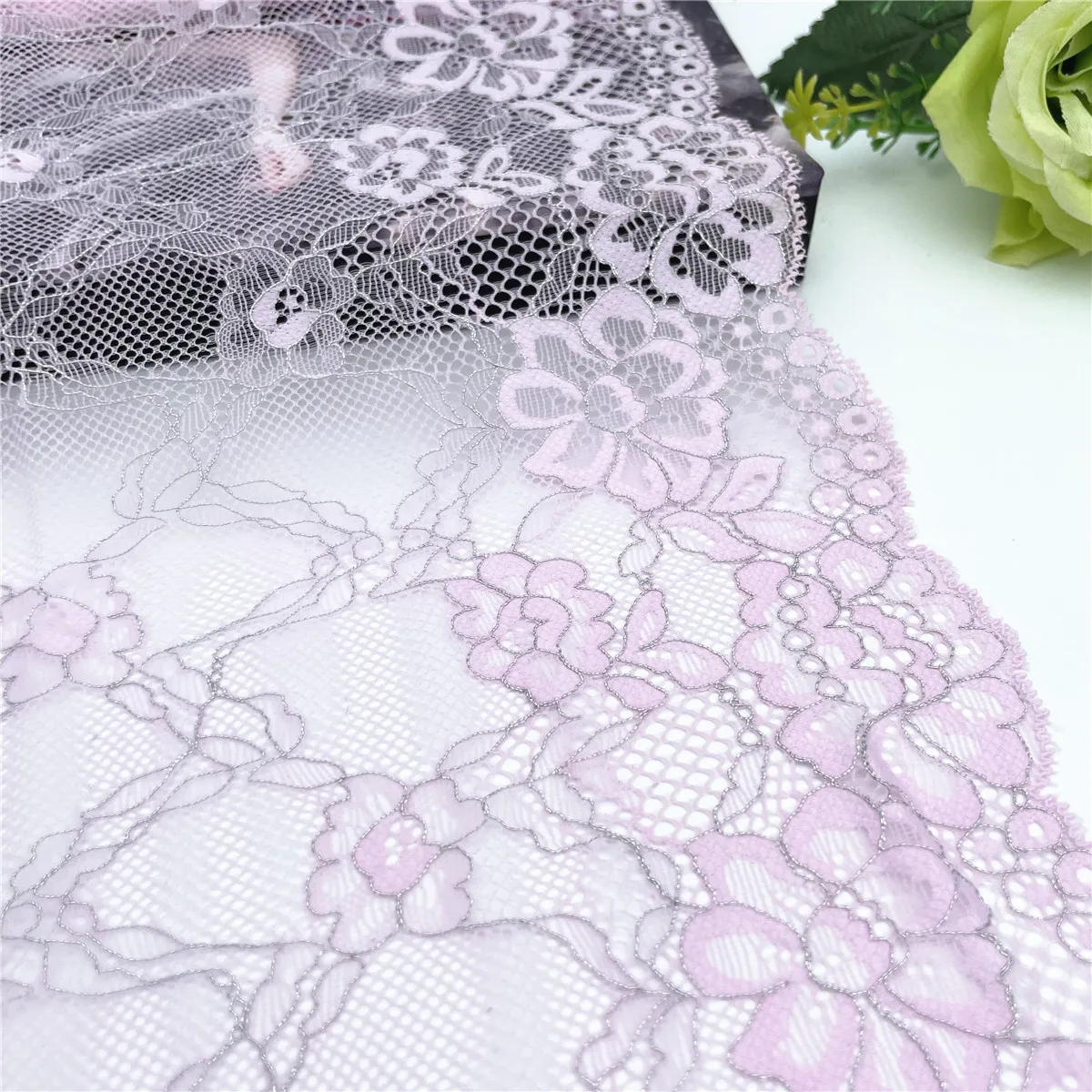 3y/lot 24cm Pale Pink Silver Stretch Lace Fabric 3