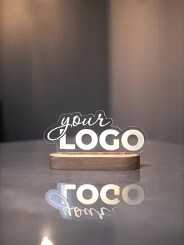 Insegna con logo aziendale in acrilico personalizzato Marchio personalizzato Piastra QR Lampada luminosa Regali aziendali Cartello per decorazioni da tavola per social media in legno 1