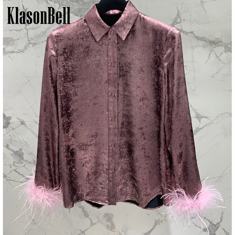 

3.2 KlasonBell Europe America Women's Temperament Elegant Cuff Ostrich Feather Spliced Long Sleeve Lapel Collar Shirt