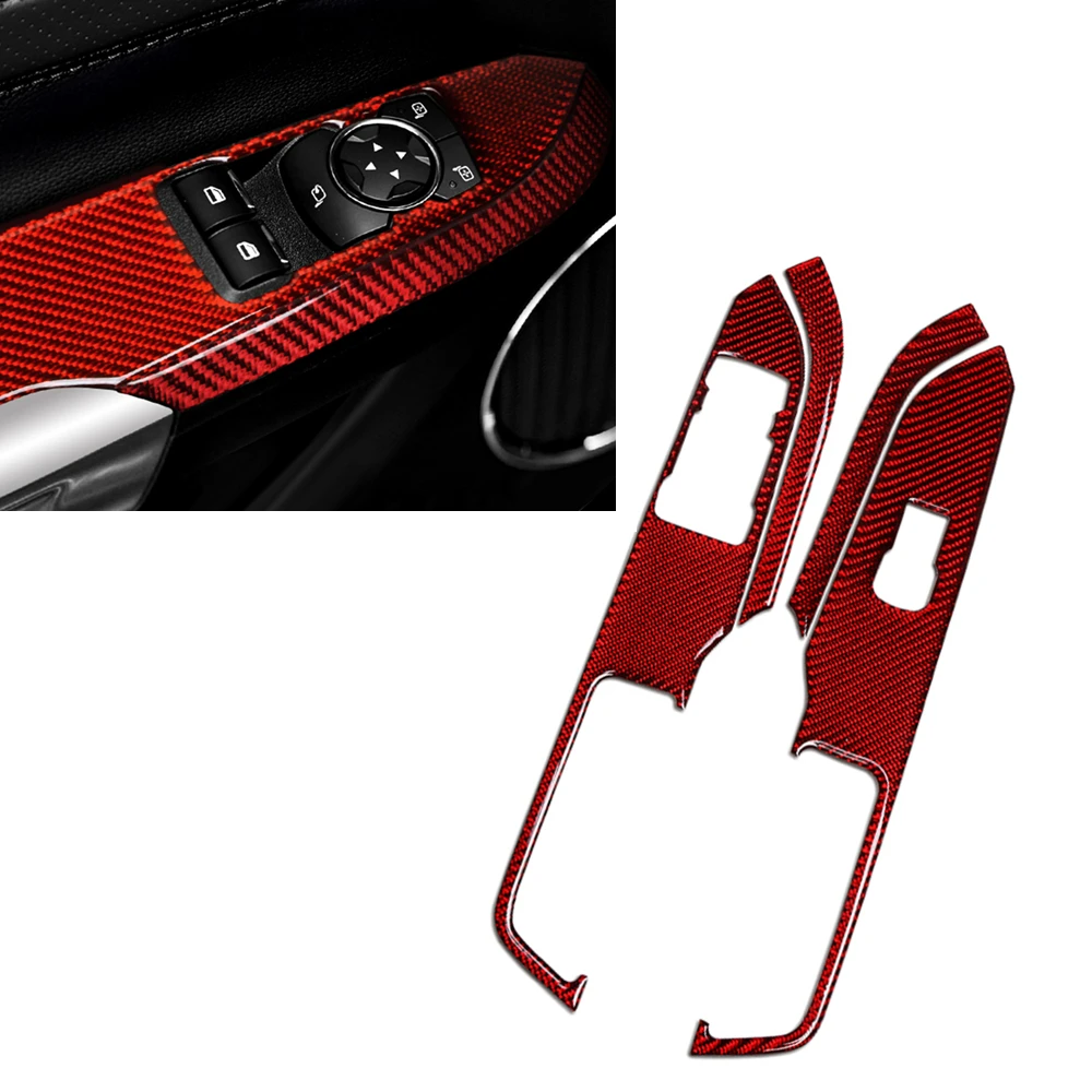 

Door Window Lift Switch Control Armrest Panel Cover Trim Red Real Carbon Fiber Sticker Frame Strip For Ford Mustang 2015-2023