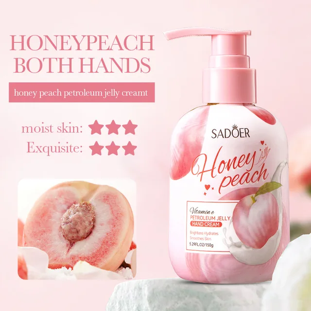 150g Peach Hand Cream, Rich in Glycerin, Peach Extract Essence, Tocopherol, and Other Ingredients, with a Moisturizing Texture That Is Non-Greasy. It Can Nourish Dry Skin, and Can Be Used for Hand, Foot, and Body Care, Keeping the Skin Hydrated, Soft, Smooth, and Radiant. Suitable for Rough and Dry Skin. 1