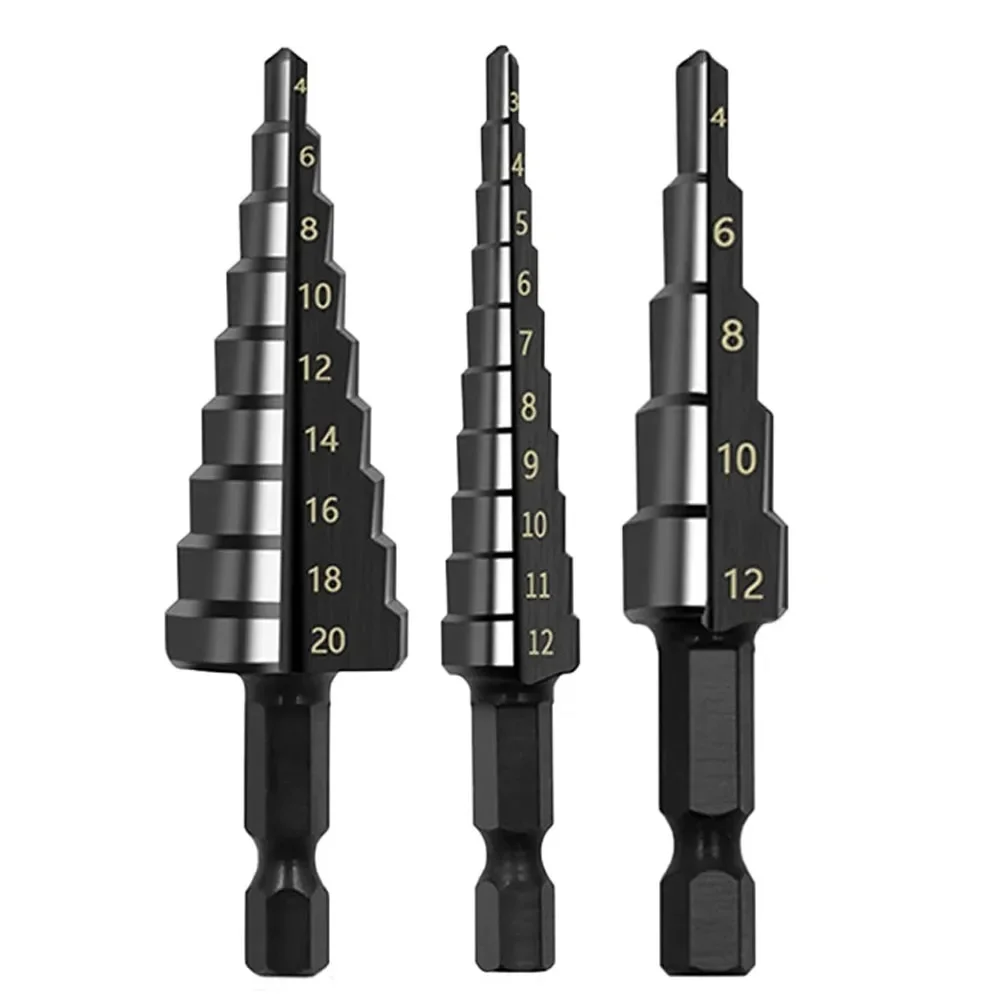 

3pcs 4-20 mm 3-12 mm HSS Titanium Coated Step Drill Bit High Speed Steel Metal Wood Hole Cutter Cone Drilling Tool Black Drill A