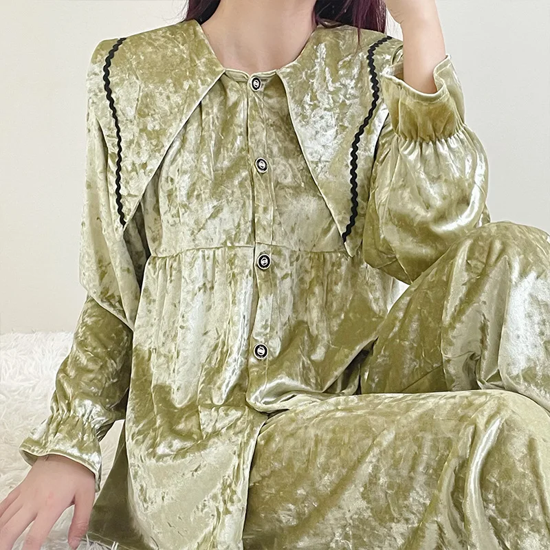 

Women 2Pcs Pijamas Suit Sleepwear Green Long Sleeve Trouser Autumn Winter Velvet Pajamas Set Nightwear Loose Velour Home Wear