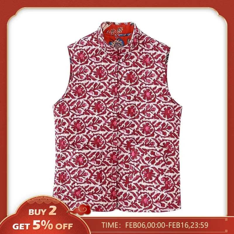 Chaleco acolchado de algodón para mujer, chaqueta de doble cara con estampado Floral, botones sin mangas, CT5222