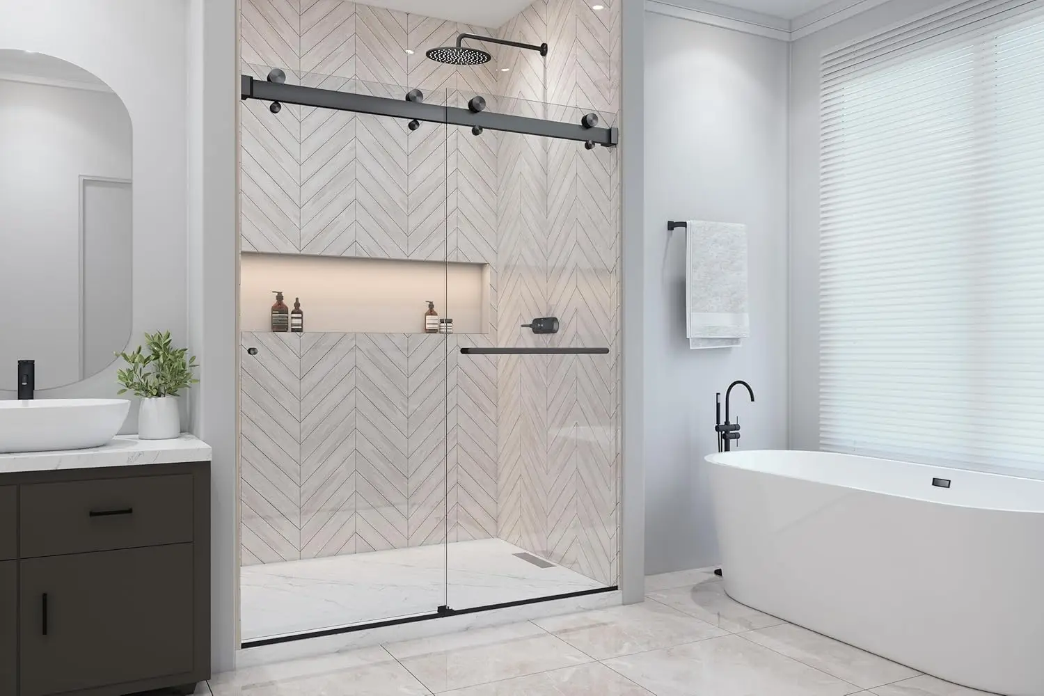 Rameless Shower Door , 200 56.5-60" W x 78" H Twinglide Frameless Shower Door w/ 3/8" Clear Tempered Glass (Matte Black) 2