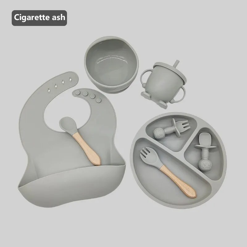 8PCS Kids Feeding Tableware Set Learn to Eat Training Fork Spoon Baby Dinner Plate Bib Complementary Food Suction Cup Bowl Set_voghion.com