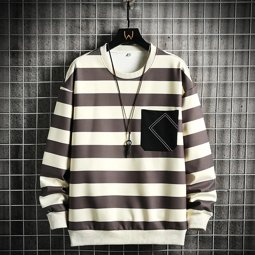 

New Men's Casual Loose Long Sleeve Sweatshirts Crew Neck Striped Pullovers Tees Tops Athletic Sport Sweatshirt Male Clothing