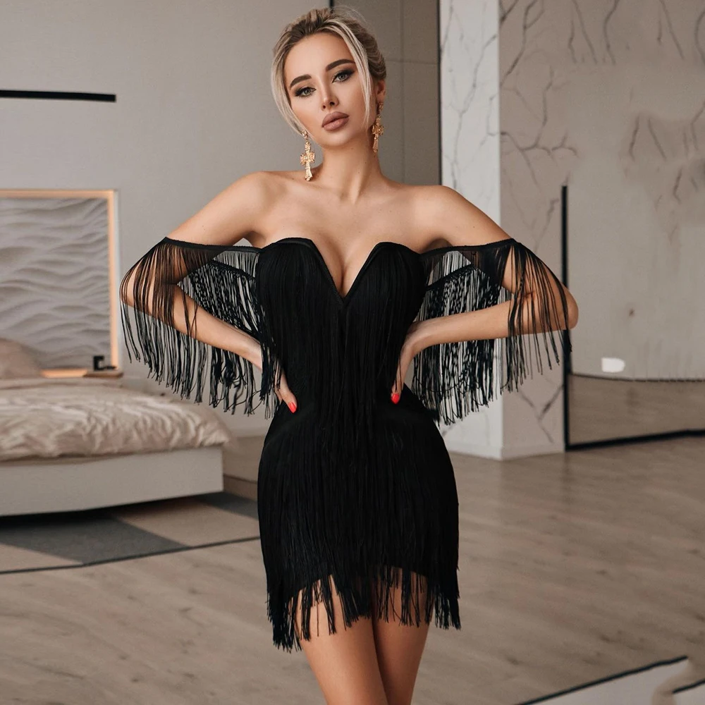 

Женское сексуальное Бандажное платье с кисточками, новинка 2022, элегантная одежда с открытыми плечами, вечерние платья для клубной вечеринки