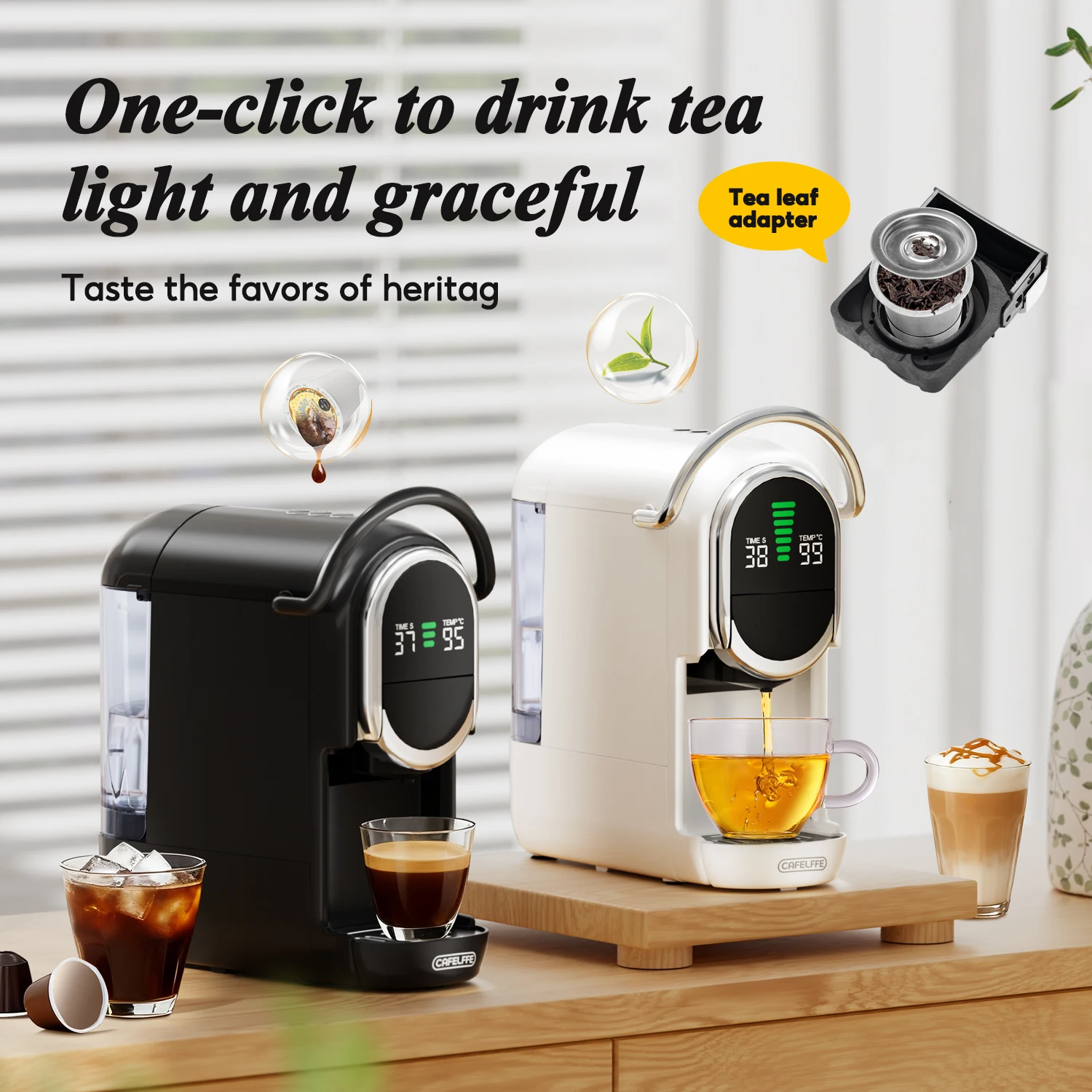 Cafelffe 6 in 1 Capsule Coffee Maker with Tea Leaves, Capsule, ESE 44mm Pods Coffee Powder Hot/Cold DG Cappuccino Nespresso 1
