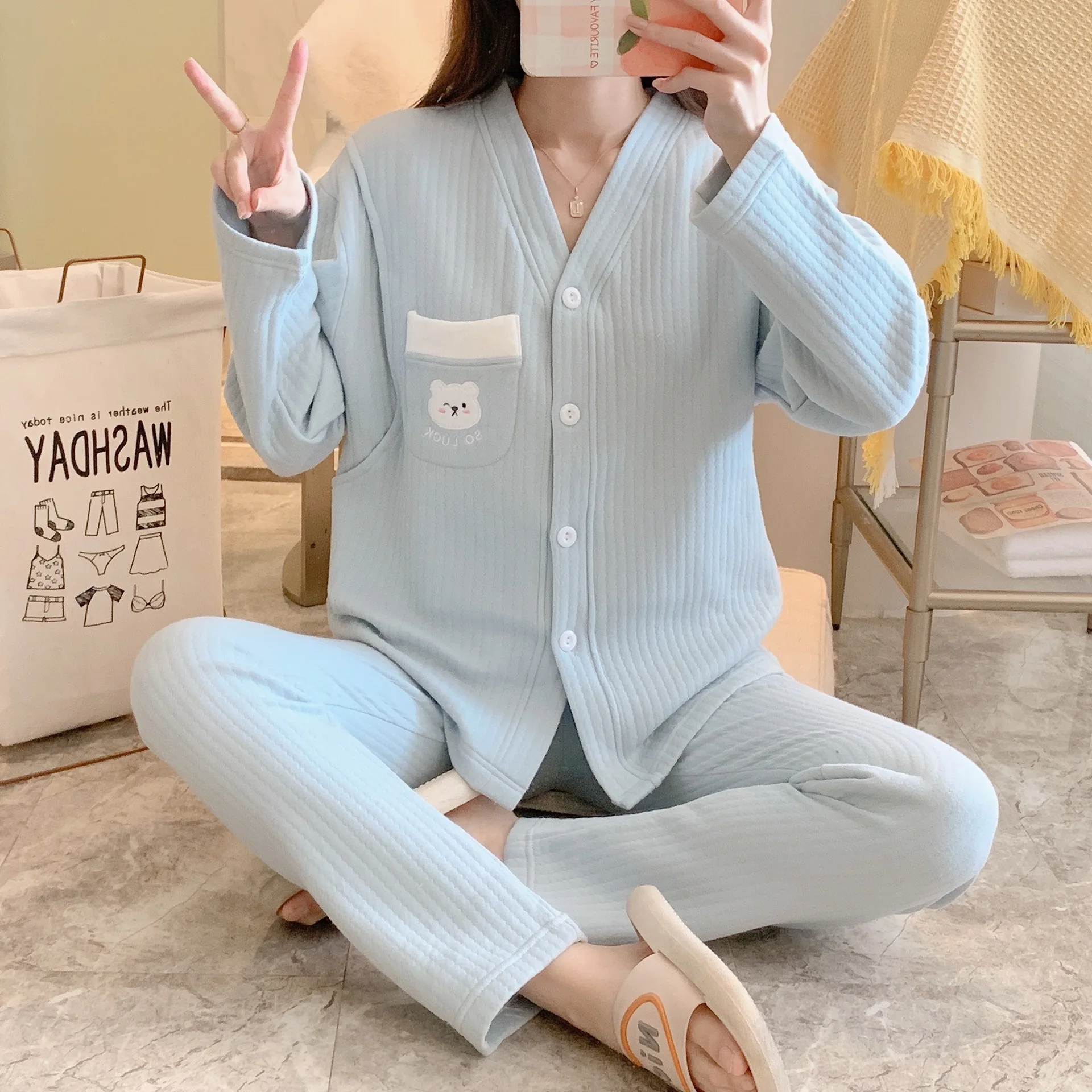 

Thickened Breastfeeding Suit Cotton Maternity Confinement Clothes Winter Air Layer Postpartum Nursing Pregnant Women Pajamas Pjs