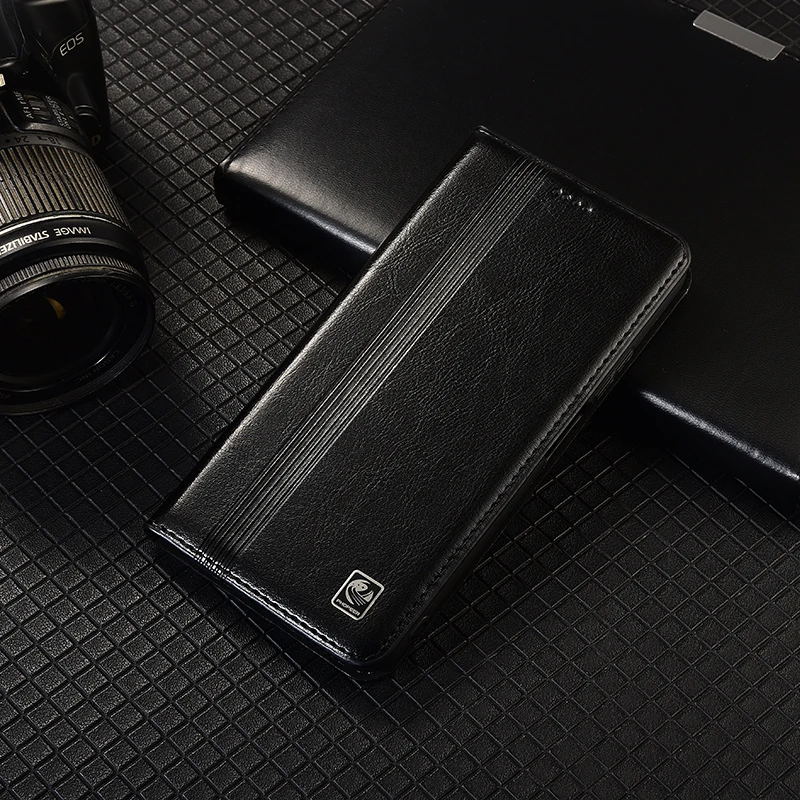 Luxurious Genuine Leather Flip Phone Case with Vertical Line Design