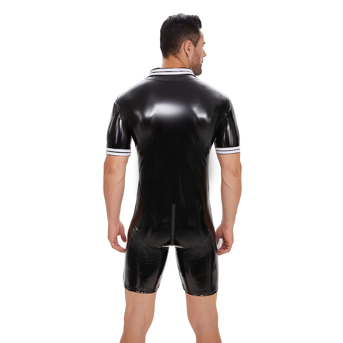 Adult Unitard Men&rsquo;s Short Sleeve Shiny Faux PU Leather Catsuit Sexy Zipper Open Crotch Bodysuit PVC Tights Leotard Plus Size