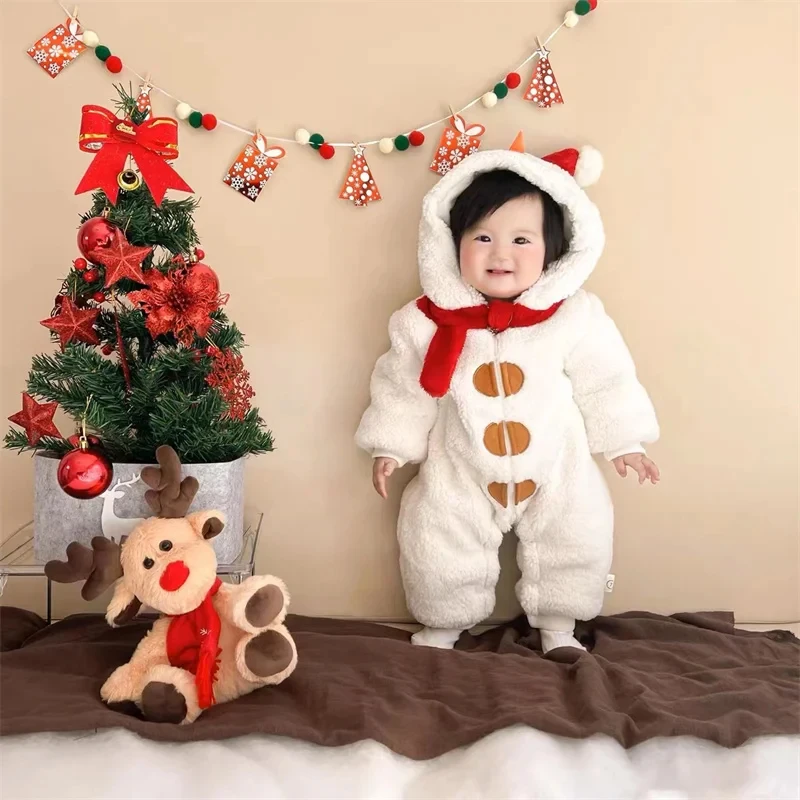Baby Christmas Snowman Onesie Infant Warm Plush Jumpsuit with Hooded Hat Xmas Costume