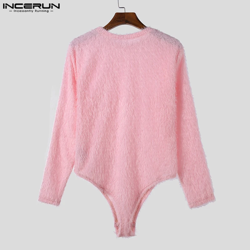 INCERUN 2023 Sexy Fashionable Style Mens Bodysuits Suede Design Casual Jumpsuits Male Solid All-match Long Sleeved Rompers S-5XL