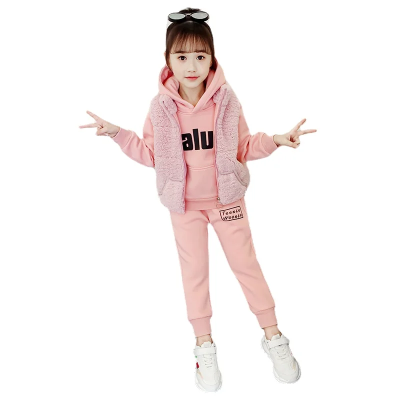 

New Winter Suit for Girls Korean Plus Velvet Thick Vest + Letter Hoodies + Pants 3pcs Kids Clothes for Teens Casual Set 4-12 Yrs