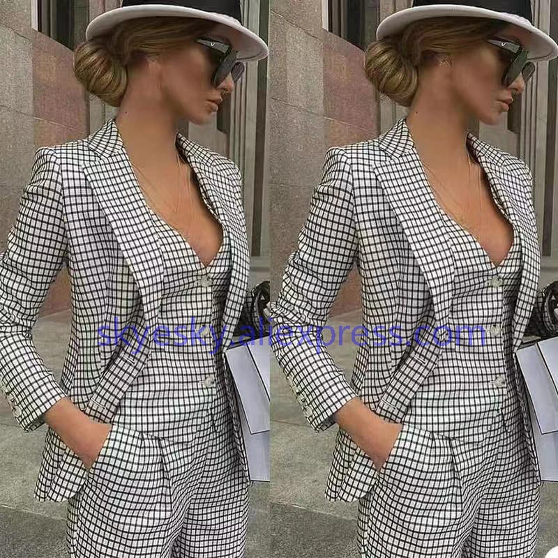 

factory customize Plaid suit New Fashion 2022 Blazer Suit Set Women's suit Blazer vest Pant suit women suits 3 pieces suit