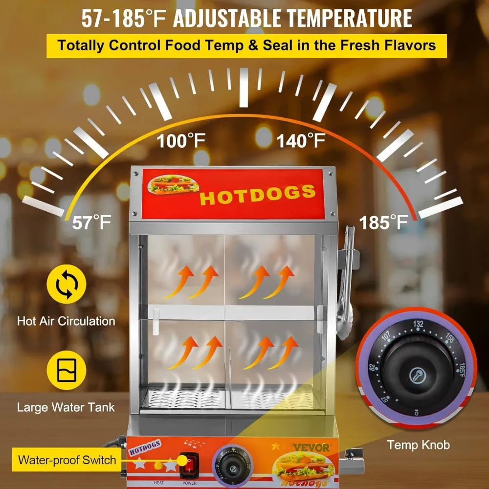 Hot Dog Steamer, 27L/24.52Qt, 2-Tier Hut Steamer for 175 Hot Dogs & 40 Buns, Electric Bun Warmer Cooker with Tempered