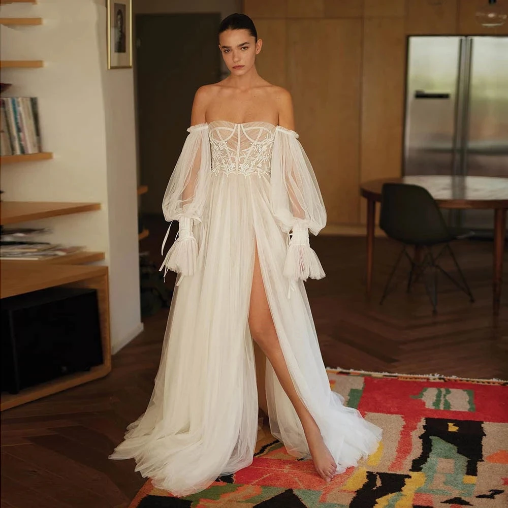 

Boho Tulle Wedding Dresses For Women Puff Long Sleeves Lace Applique Bridal Gown Side Split Summer Beach Robe De Mariee