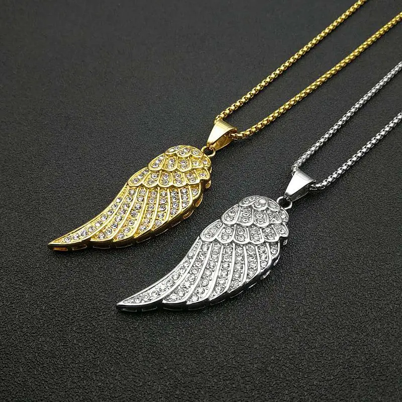 Hop Hop Bling Iced Out Stainless Steel Angel Wing Pendants Necklaces