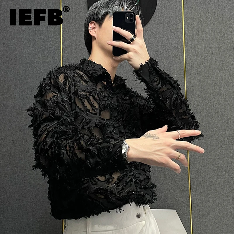

IEFB Design Men's Shirt New Long Sleeved Hollowed Out Feather Tide 2023 Spring Solid Color Turn-down Collar Fashion 9A6877