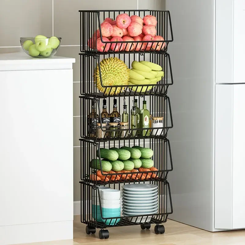 Steel Kitchen Trolley Vegetable Fruit Snacks Grocery Organiser Household Storage Basket 2/3/4/5 Tier Rolling trolley cart
