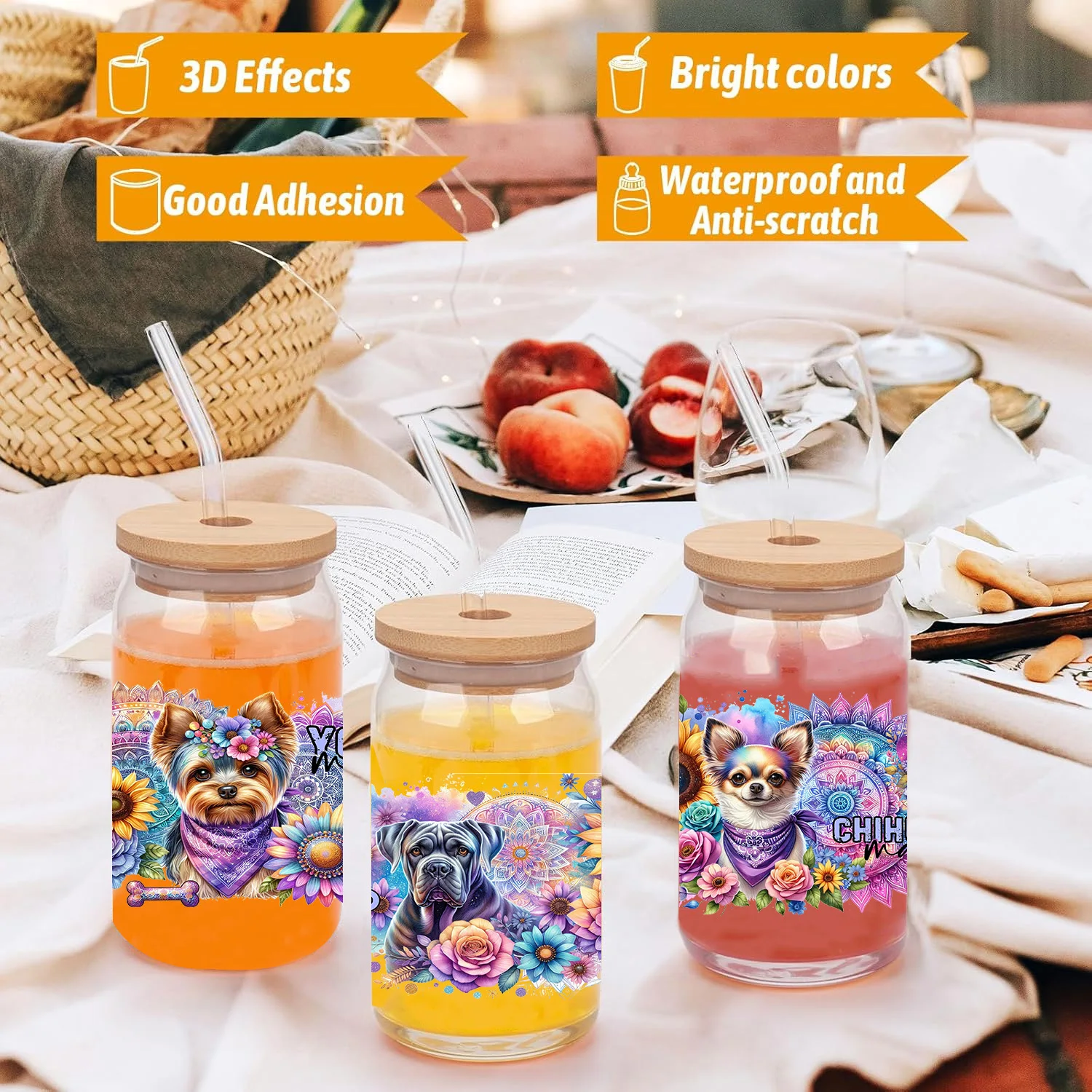 3D Stickers Cup Wraps Sticker Cups UV DTF Wrap Transfer Dog UV DTF sticker peel waterproof DIY Decals 3D transfers uvdtf crystal stickers 16oz uv dtf cup wraps for Libbey Glasses