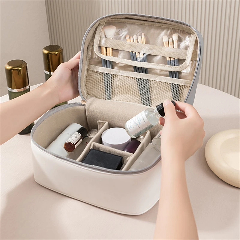 PU Compartment Cosmetic Bag Layered Large Capacity Toiletry Bag Travel Portable Handbag Waterproof Makeup Container for Woman
