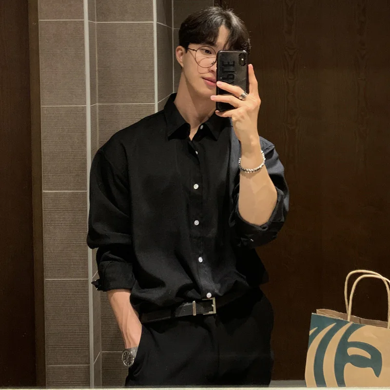 Korean Men In Black Shirt Baggy Pants Loose Shirt Outfit Men Black