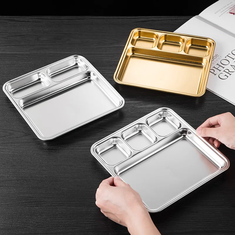 Gold Compartment Dining Plate For Food Serving Trays Stainless Steel Divided Dishes Kitchen Tableware Organization Container 6