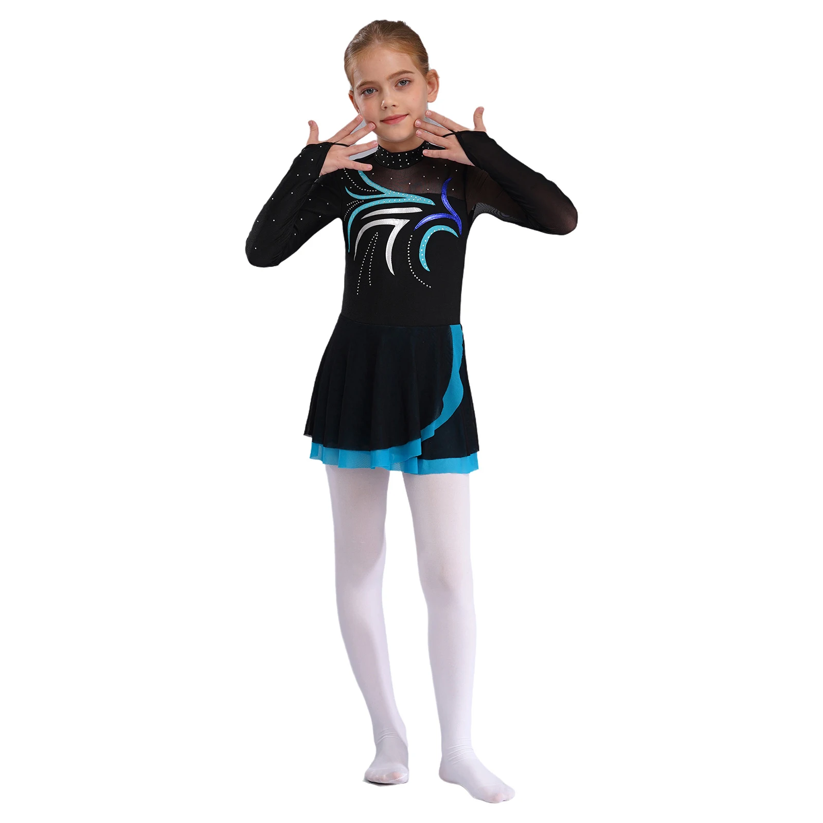 Kinder Mädchen Eiskunstlauf Tanz Performance Kleider Glitzernde Strasssteine Sheer Mesh Trikotkleid für Ballett Lyrical Dancewear – Detail 13