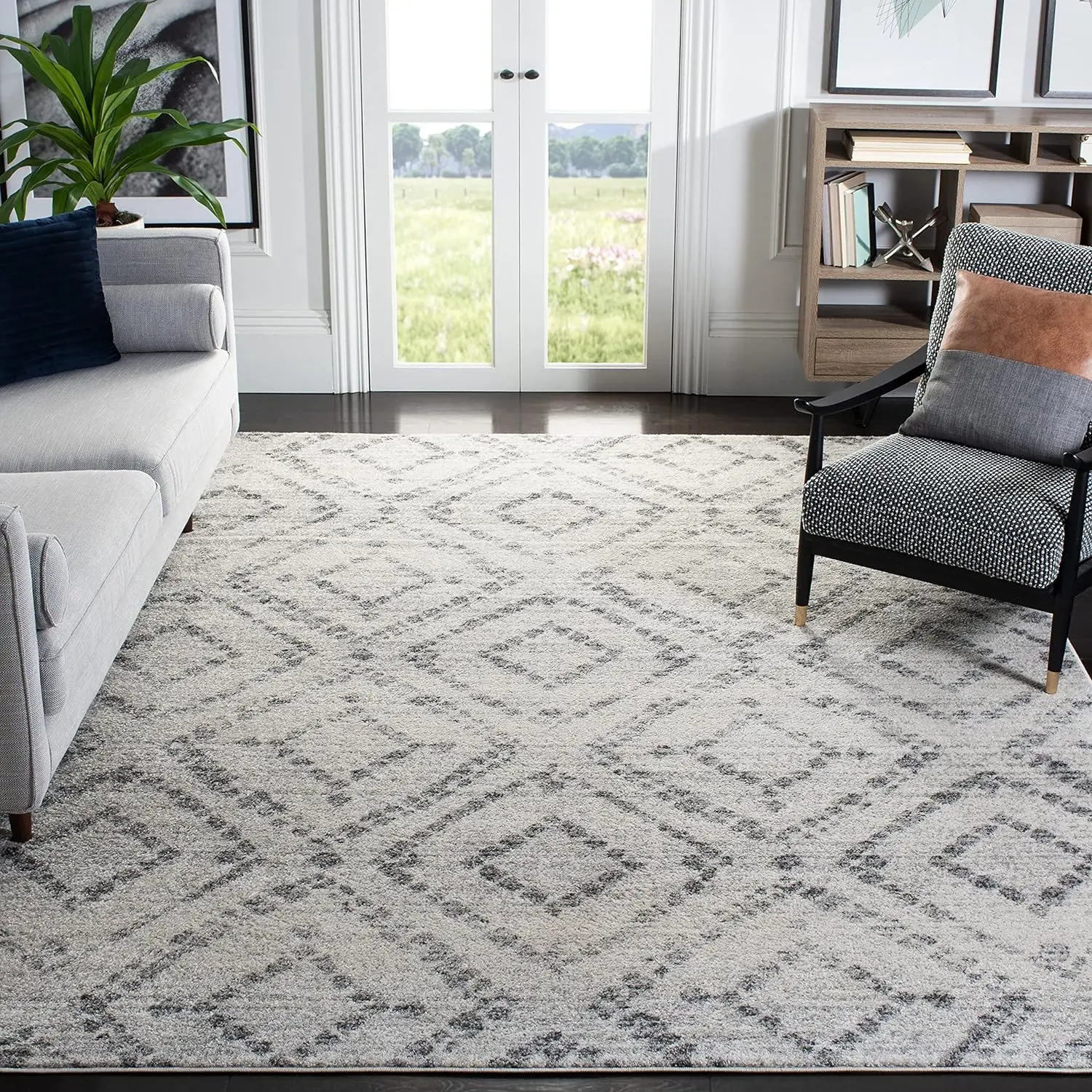 

12" square rug with modern diamond distressed design, easy care, perfect for high traffic areas in living rooms, bedrooms