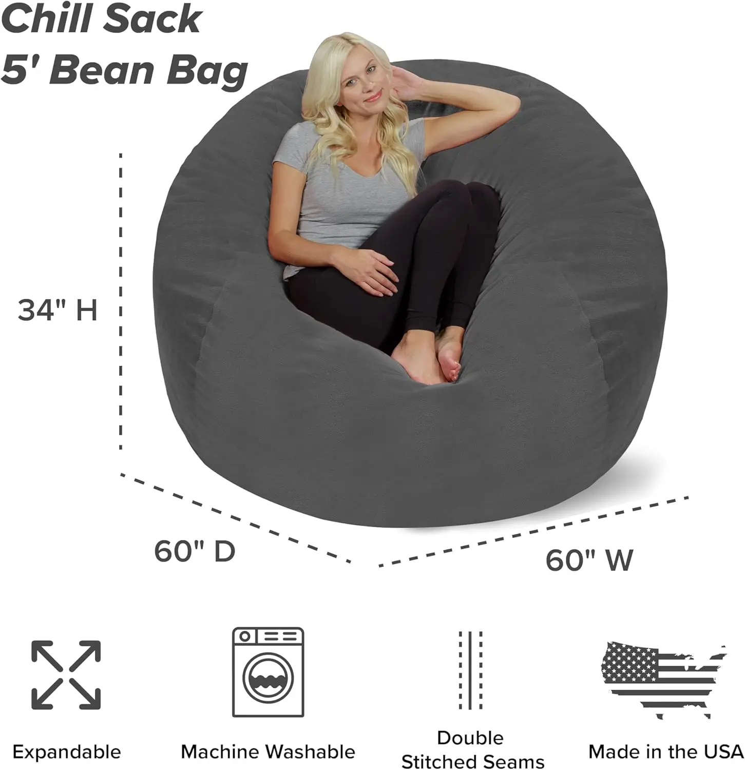Bean Bag Chair: Giant 5' Memory Foam Furniture Bean Bag-Big Sofa with Soft Micro Fiber Cover-Grey Pebble